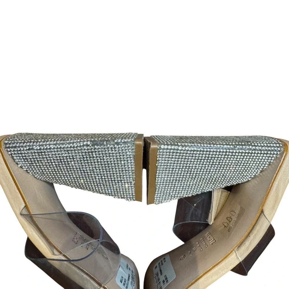 Schutz Shoes Womens Size 8 Beige Vinyl Ariellen Wedge Slide‎ Sandals Rhinestone